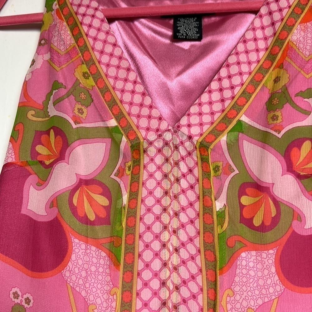 Y2K 100% Silk Boho Shift Dress Pink Floral Resort Sleeveless ECI New York - Picture 3 of 13